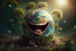 gioioso terra personaggio ridendo su verde sfondo, contento terra giorno, mondo risata giorno. generativo ai foto