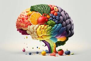 vario frutta formatura un' creativo cervello, mangiare salutare cibo come nutrizione per Ottimizzare memoria e pensiero. generativo ai foto