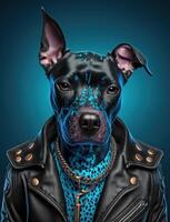 ritratto di cattivo cani indossare giacca su blu sfondo. creato generativo ai foto