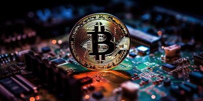 d'oro bitcoin con computer circuito sfondo, crypto moneta investimento concetto. generativo ai foto