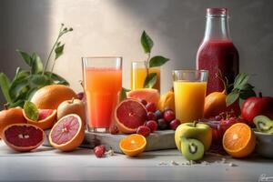 fresco frutta succo su sorprendente leggero sfondo, salutare bevanda ricco nel vitamine. creato generativo ai foto