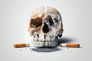 mondo no tabacco giorno sfondo, no fumo concetto con cranio e sigaretta. generativo ai foto