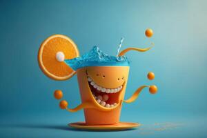 allegro bicchiere di arancia succo personaggio sorridente sfondo. fresco arancia succo. creato generativo ai foto