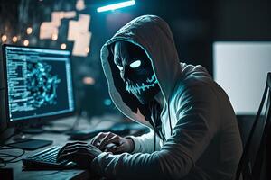 incappucciato pirata con maschera utilizzando il computer portatile rompere o attacco in dati server. hacking, codifica o il malware concetto. generativo ai foto