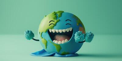 gioioso terra personaggio ridendo su blu sfondo, contento terra giorno, mondo risata giorno. generativo ai foto