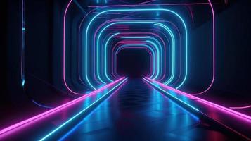 astratto neon luci tunel sfondo con rosa e blu laser raggi raggiante Linee 3d rendere. foto