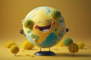 carino terra personaggio ridendo su giallo sfondo, contento terra giorno, mondo risata giorno. generativo ai foto