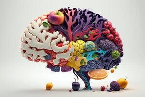 vario frutta formatura un' creativo cervello, mangiare salutare cibo come nutrizione per Ottimizzare memoria e pensiero. generativo ai foto