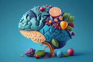 vario frutta formatura un' creativo cervello, mangiare salutare cibo come nutrizione per Ottimizzare memoria e pensiero. generativo ai foto