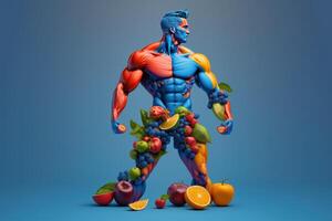 frutta formatura un' forte corpo, uomo in posa muscolare corpo costruttore, mangiare dieta cibo per digestione. generativo ai foto
