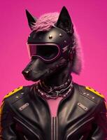 ritratto di cattivo cani indossare giacca su rosa sfondo. creato generativo ai foto