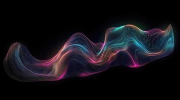 astratto fluido 3d rendere olografico iridescente neon curvo onda nel movimento buio sfondo. foto