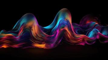 astratto fluido 3d rendere olografico iridescente neon curvo onda nel movimento buio sfondo. foto
