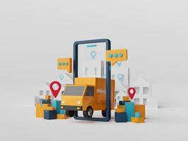 concetto di e-commerce, servizio di consegna su applicazione mobile, consegna del trasporto su camion, rendering 3d foto