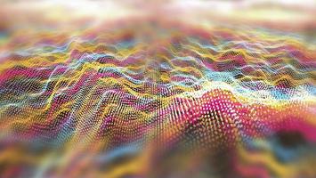 futuristico astratto linea rosso giallo acqua elemento palle waveform oscillazione, visualizzazione onda tecnologia digitale superficie particelle stelle1 foto