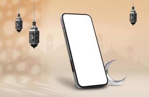 un' mobile Telefono con un' mezzaluna Luna e un' mezzaluna Luna su il schermo .sociale media messaggi .musulmano santo mese Ramadan kareem .Ramadan mubarak bellissimo saluto carta foto