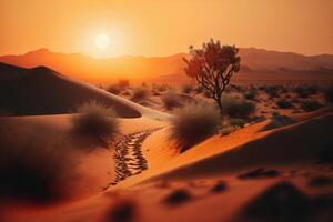 tramonto nel il deserto con alberi e sabbia dune. ai generato foto