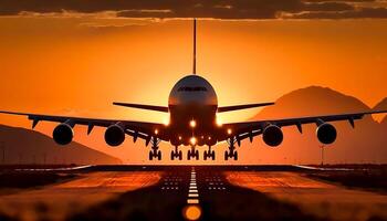 atterraggio aereo a partire dal davanti Visualizza nel tramonto, generativo ai foto