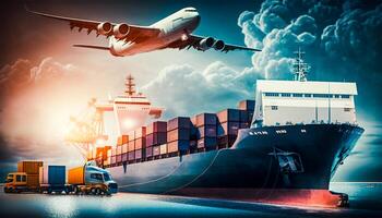 mezzi di trasporto e logistica importare esportare e trasporto industria di camion contenitore carico nave, generativo ai foto
