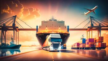 mezzi di trasporto e logistica importare esportare e trasporto industria di camion contenitore carico nave, generativo ai foto