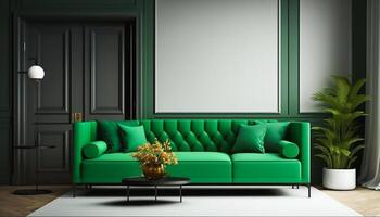 vivente camera interno con design mobilia verde divano, generativo ai foto