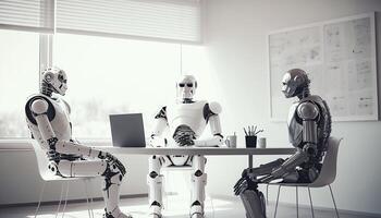 ai robot incontro e Lavorando su il computer portatile su tavolo nel ufficio, generativo ai foto