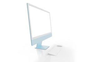 blu Schermo modello su un' pulito bianca sfondo con tastiera e topo accanto. lato Visualizza foto