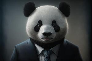 ai generato ritratto di panda uomo d'affari. animale testa nel attività commerciale completo da uomo. foto