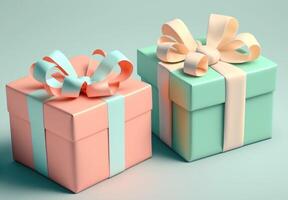 ai generato Due regalo scatole con nastro su pastello tono sfondo. foto