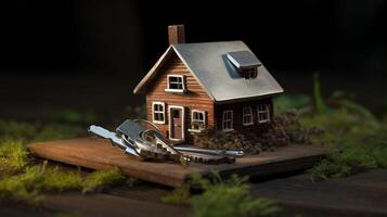 miniatura Casa con chiavi su di legno sfondo. vero tenuta concetto., ai generato opera d'arte foto