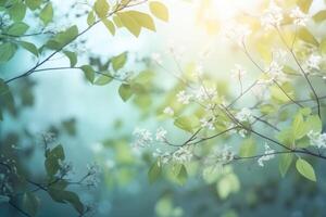 un' bellissimo primavera sfondo con le foglie e poco fiori su un' leggero sfondo creato con generativo ai tecnologia. foto