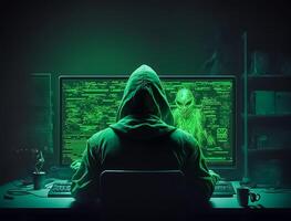 un' pirata guardare a un' computer con verde simboli creato con generativo ai. foto