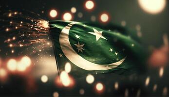 indipendenza giorno Pakistan bandiera con un' bandiera su buio sfondo con alcuni fuochi d'artificio ai generato foto