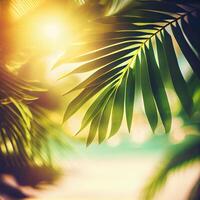 sfocatura bellissimo natura verde palma foglia su tropicale spiaggia con bokeh sole leggero bagliore onda astratto sfondo. estate vacanza e attività commerciale viaggio concetto spazio - ai generato Immagine foto