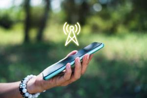 la mano di una persona che utilizza uno smartphone con un'icona del segnale wifi su uno sfondo sfocato della natura foto