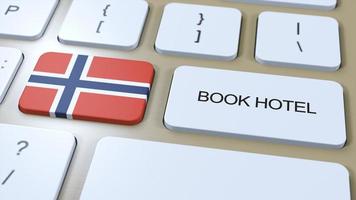libro Hotel nel Norvegia con sito web in linea. pulsante su computer tastiera del computer. viaggio concetto 3d animazione. libro Hotel testo e nazionale bandiera. 3d illustrazione foto