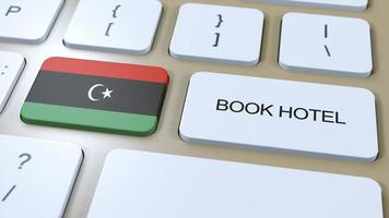 libro Hotel nel Libia con sito web in linea. pulsante su computer tastiera del computer. viaggio concetto 3d animazione. libro Hotel testo e nazionale bandiera. 3d illustrazione foto