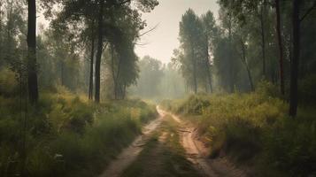 nebbioso sentiero attraverso il foresta ,tramonto nel un' buio foresta con raggi di leggero passaggio attraverso il alberi foto