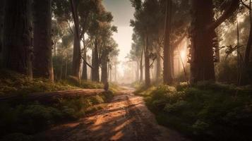 nebbioso sentiero attraverso il foresta ,tramonto nel un' buio foresta con raggi di leggero passaggio attraverso il alberi foto