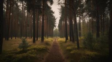 nebbioso sentiero attraverso il foresta ,tramonto nel un' buio foresta con raggi di leggero passaggio attraverso il alberi foto