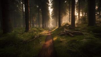 nebbioso sentiero attraverso il foresta ,tramonto nel un' buio foresta con raggi di leggero passaggio attraverso il alberi foto