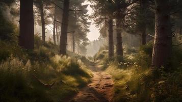 nebbioso sentiero attraverso il foresta ,tramonto nel un' buio foresta con raggi di leggero passaggio attraverso il alberi