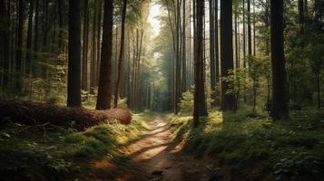 nebbioso sentiero attraverso il foresta ,tramonto nel un' buio foresta con raggi di leggero passaggio attraverso il alberi foto