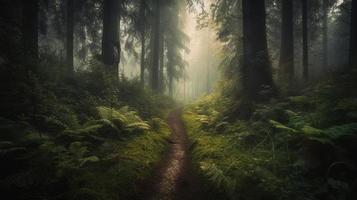 nebbioso sentiero attraverso il foresta ,tramonto nel un' buio foresta con raggi di leggero passaggio attraverso il alberi foto