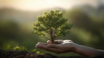 artistico mani abbraccio della natura bellezza Tenere albero al di sopra di sfocato sfondo foto