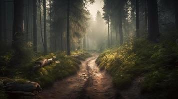 nebbioso sentiero attraverso il foresta ,tramonto nel un' buio foresta con raggi di leggero passaggio attraverso il alberi foto