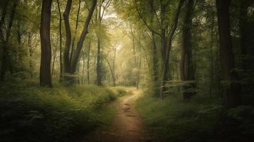 nebbioso sentiero attraverso il foresta ,tramonto nel un' buio foresta con raggi di leggero passaggio attraverso il alberi foto