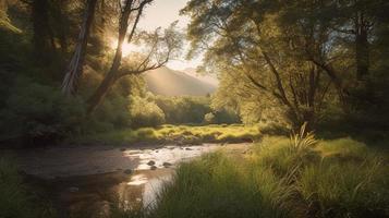 un' tranquillo, calmo foresta radura bagnata nel caldo luce del sole, circondato di alto alberi e lussureggiante fogliame, con un' dolce ruscello gocciolante attraverso il sottobosco e un' lontano montagna gamma visibile foto