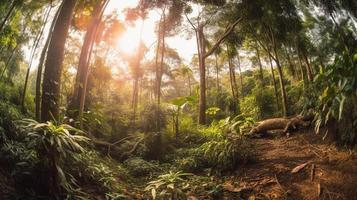 un' tranquillo, calmo foresta radura bagnata nel caldo luce del sole, circondato di alto alberi e lussureggiante fogliame, con un' dolce ruscello gocciolante attraverso il sottobosco e un' lontano montagna gamma visibile foto