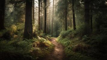 nebbioso sentiero attraverso il foresta ,tramonto nel un' buio foresta con raggi di leggero passaggio attraverso il alberi foto